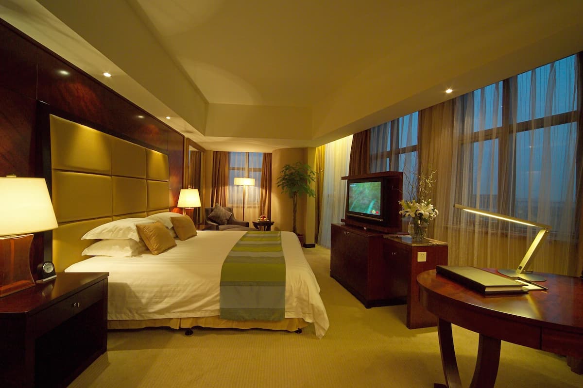 Habitación de hotel con una cama grande, un escritorio con lámpara, un televisor y una planta.