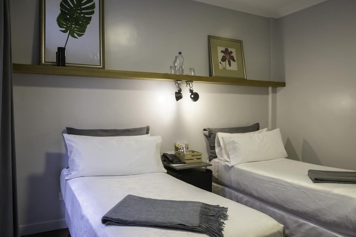 Een hotelkamer met twee enkele bedden, een nachtkastje met een lamp, een ingelijste plant en een klein plankje met toiletartikelen.
