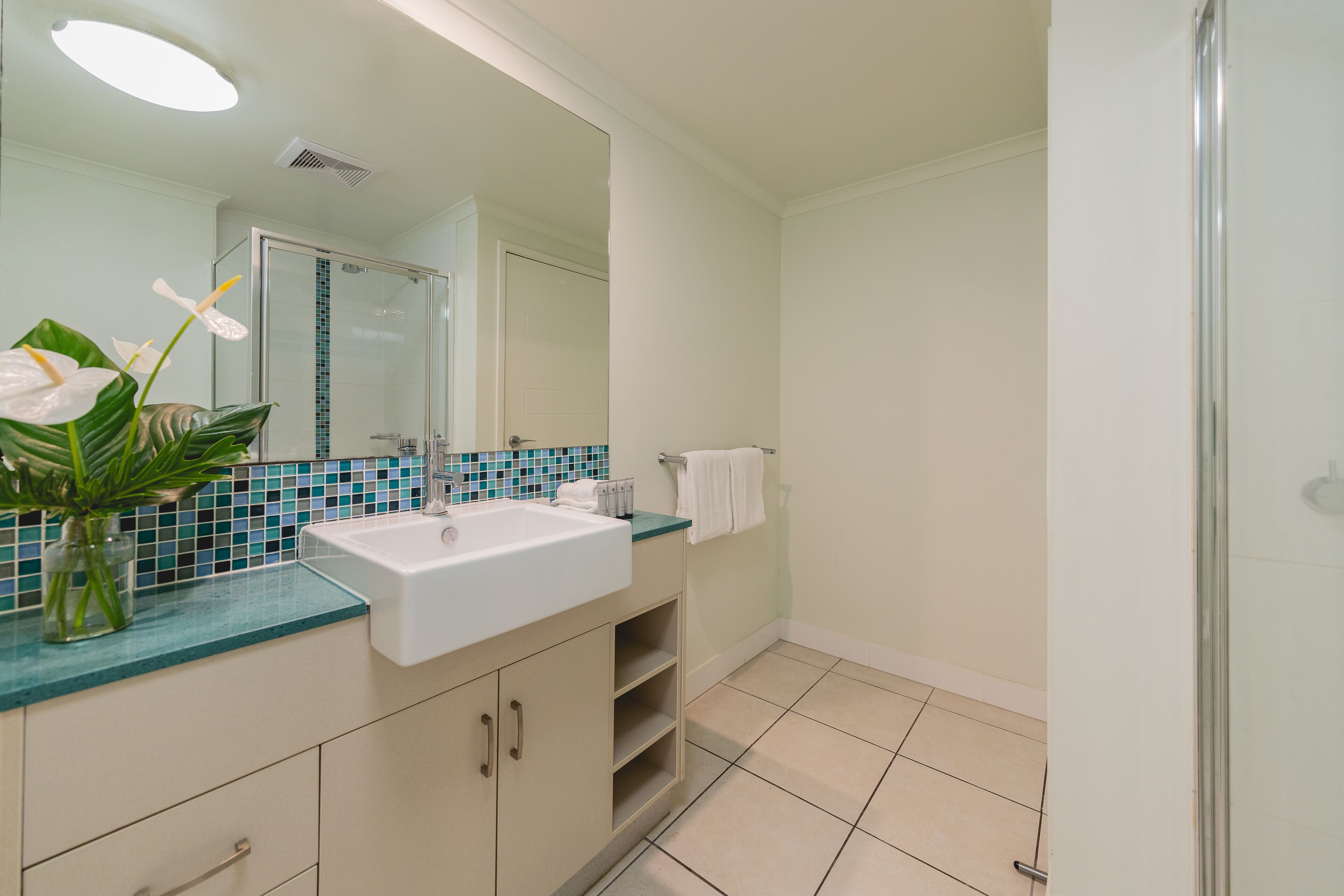 A bathroom with a white sink, a glass shower enclosure, and a tiled backsplash.