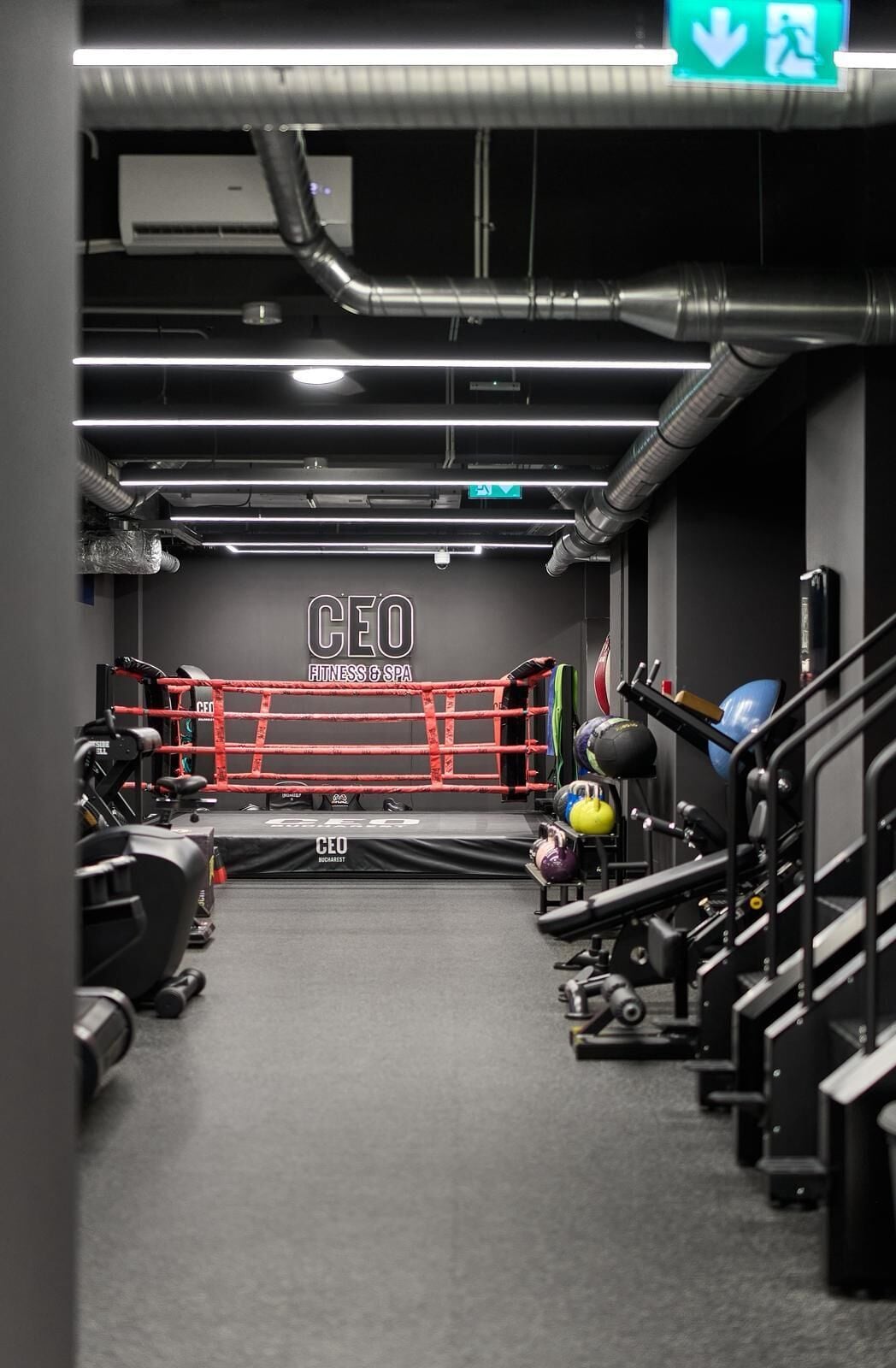 Une salle de sport équipée d’un ring de boxe, de matériel d’exercice et d’une enseigne indiquant « CEO FITNESS & SPA ».