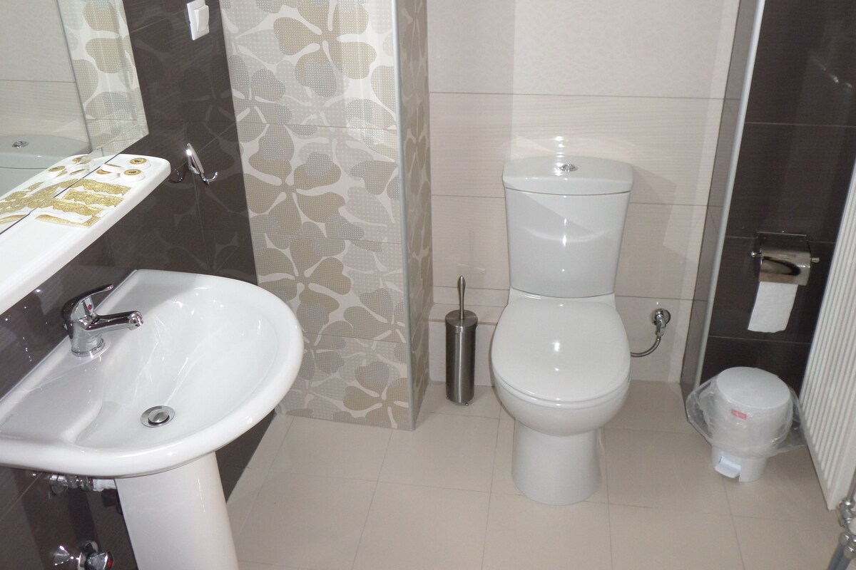 A bathroom with a white sink, a toilet, and a shower area.