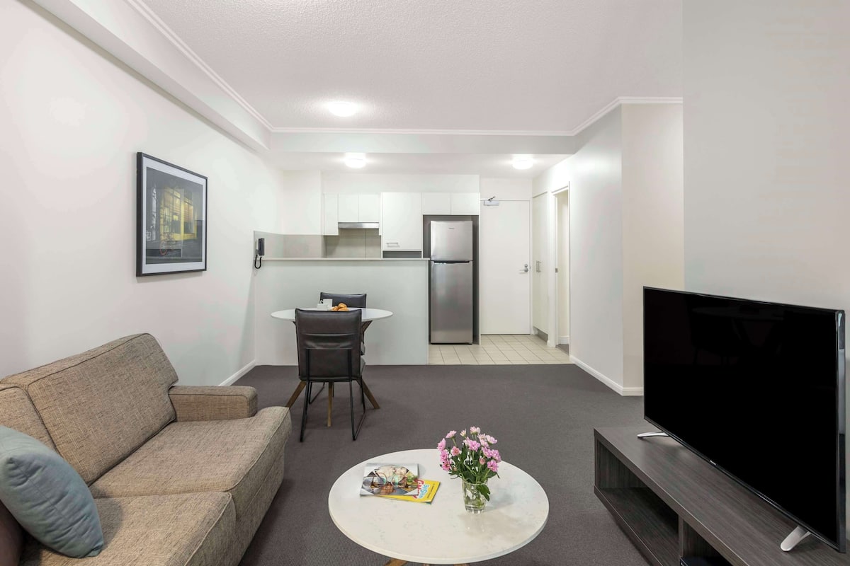 1 bedroom, desk, blackout curtains, iron/ironing board