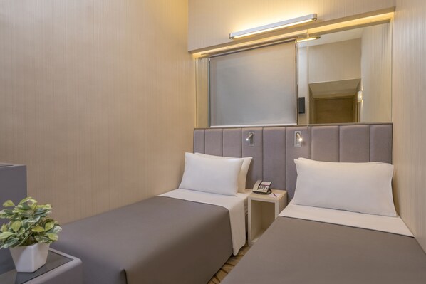 A hotel room with two beds, a bedside table with a phone, a small potted plant, and a mirror above the beds.