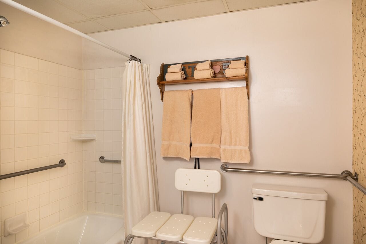 A bathroom with a bathtub, a shower curtain, a toilet, and a handrail.