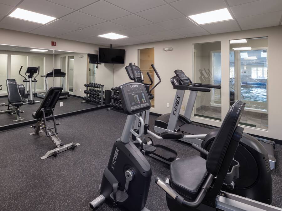 A gym with cardio machines, weight benches, and dumbbells.