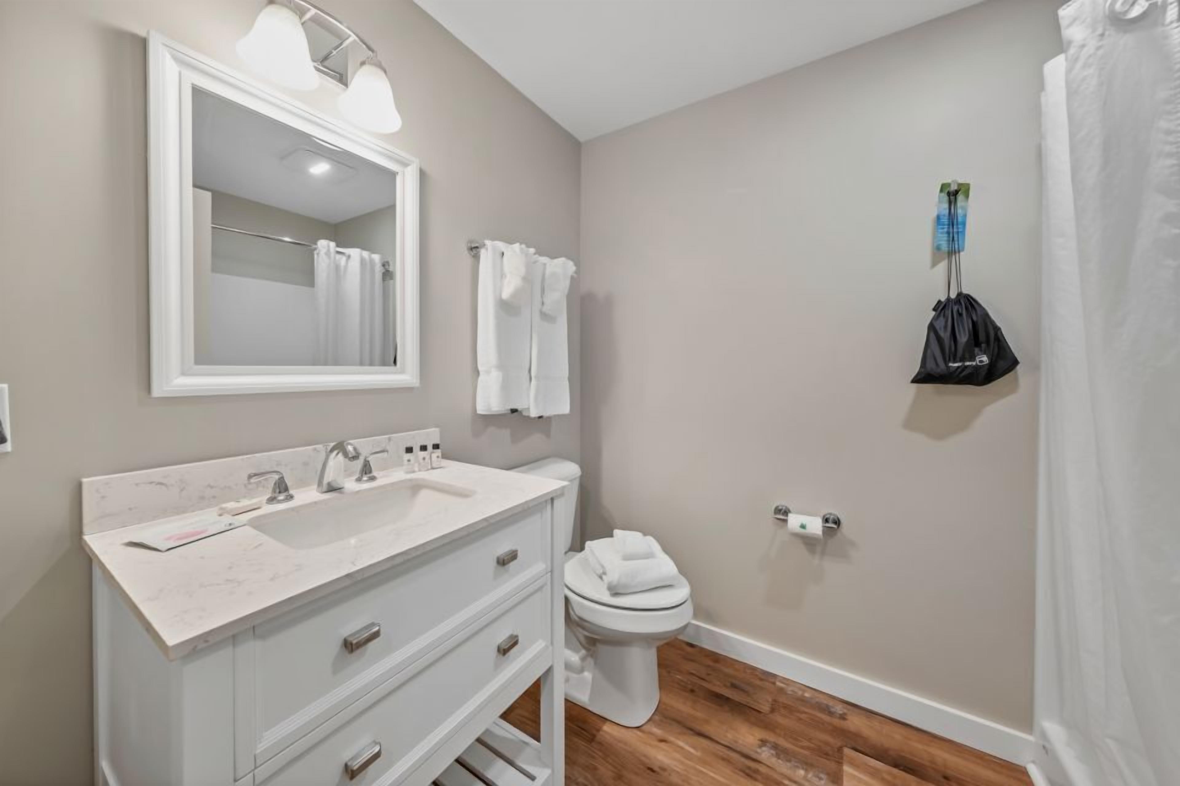 A bathroom with a white vanity, a large mirror, a toilet, and a shower curtain.
