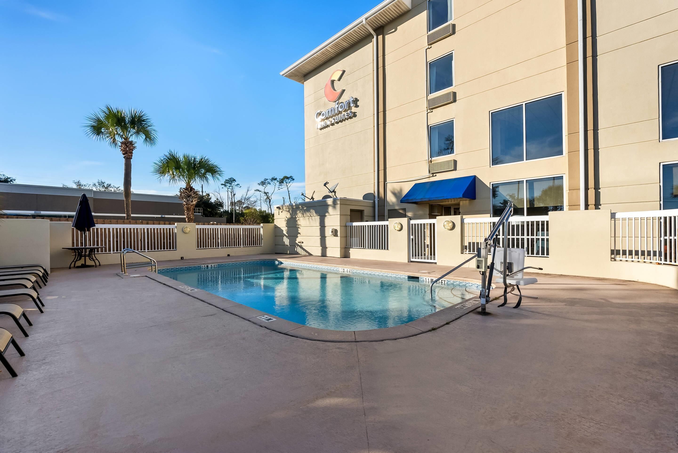 Seasonal outdoor pool, pool umbrellas