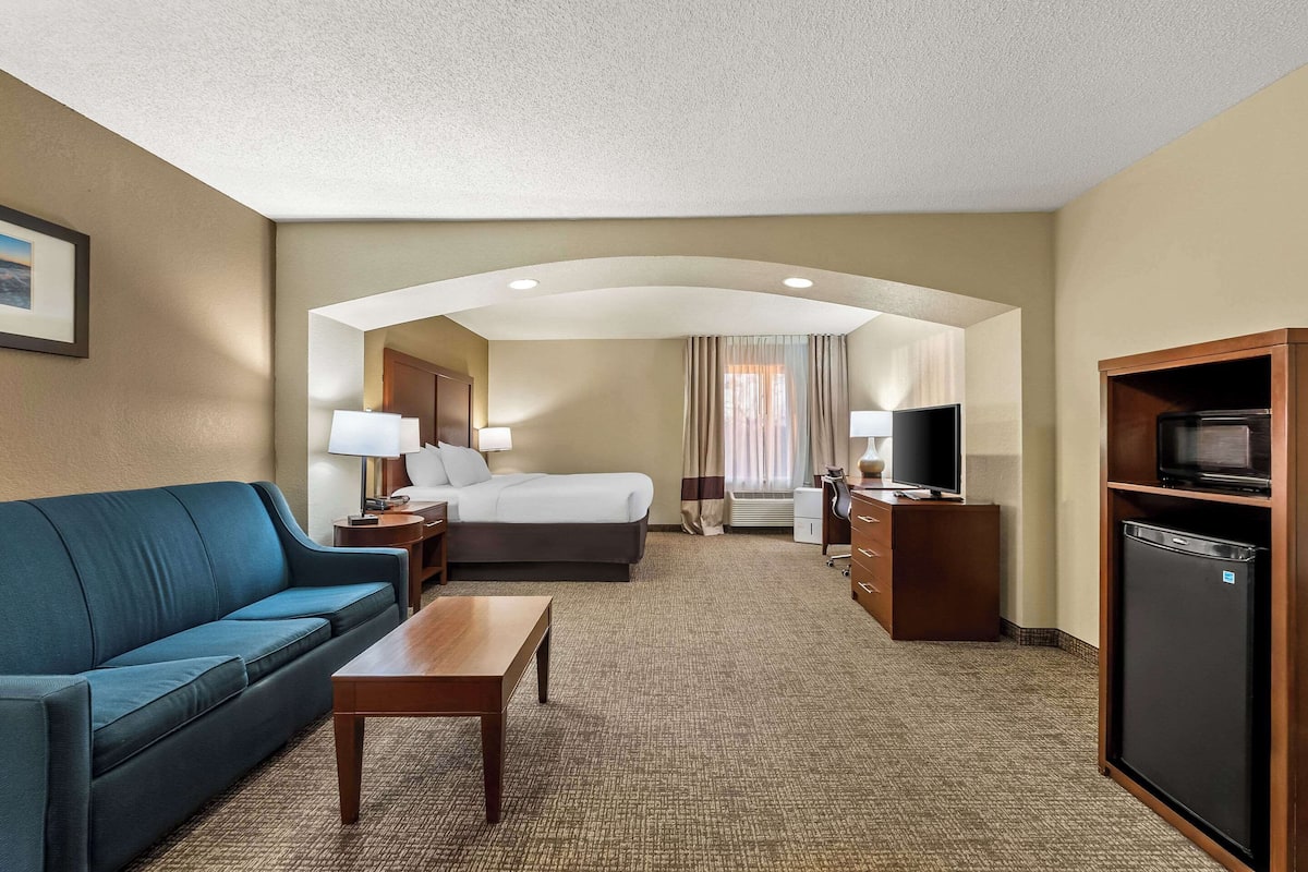 A hotel room with a sofa, a bed, a desk, a television, and a refrigerator.