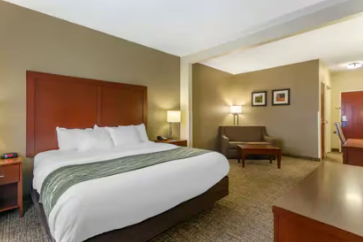 A hotel room with a large bed, a nightstand, a chair, a desk, and a lamp.