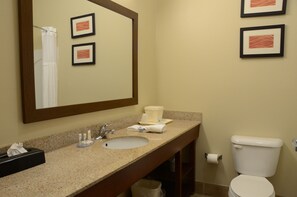 A bathroom with a sink, mirror, framed pictures on the wall, and a toilet. - Comfort Inn & Suites Cave City (Cave City)