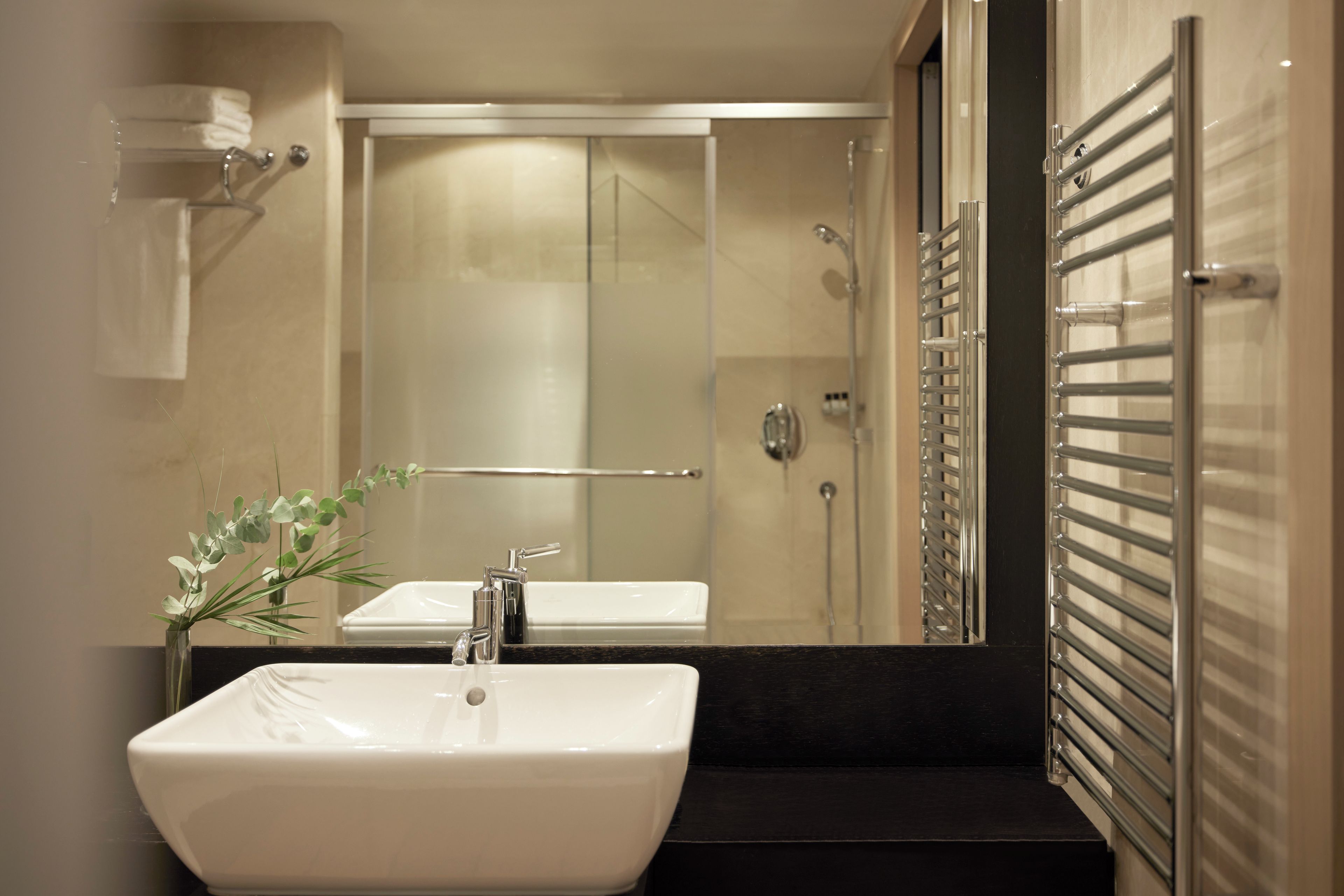 A modern bathroom with a white sink, a glass shower enclosure, and a black countertop.