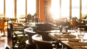 Een restaurant met gedekte tafels, grote ramen en binnenshuis planten.