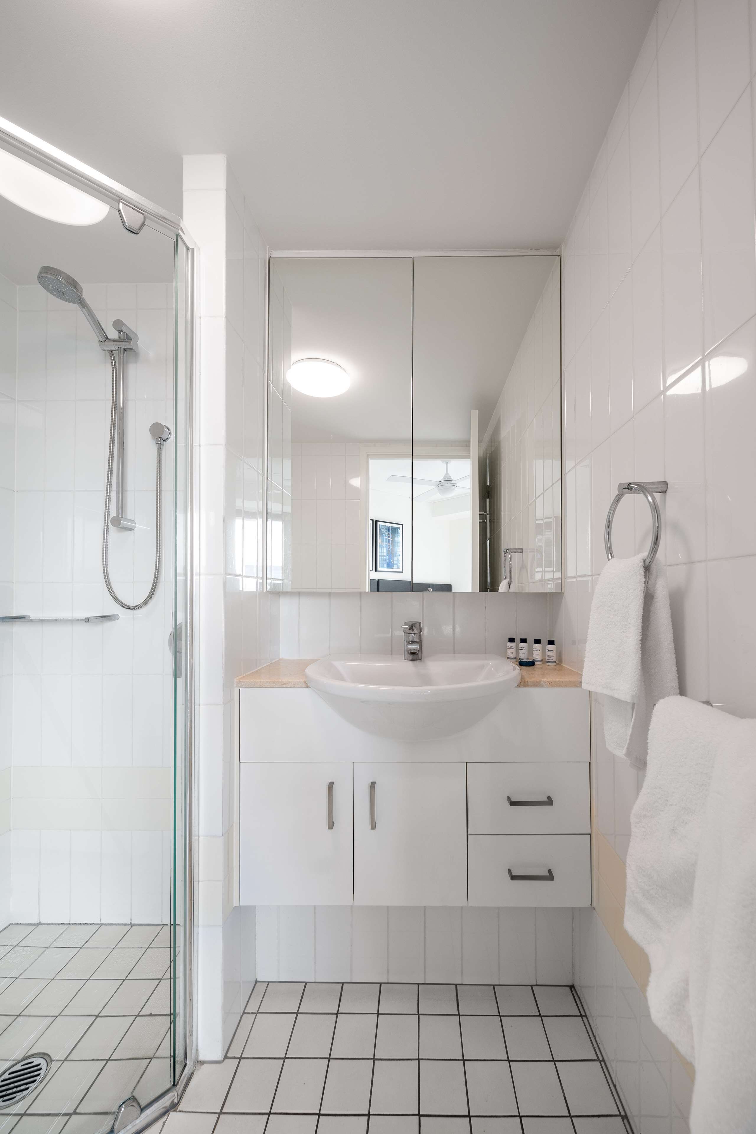 Une salle de bain moderne avec une douche à l’italienne en verre, un lavabo blanc et un grand miroir au-dessus du meuble-lavabo.