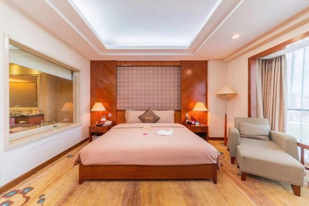 A hotel room with a large bed, two bedside tables with lamps, a chair, a large mirror, and a ceiling light.