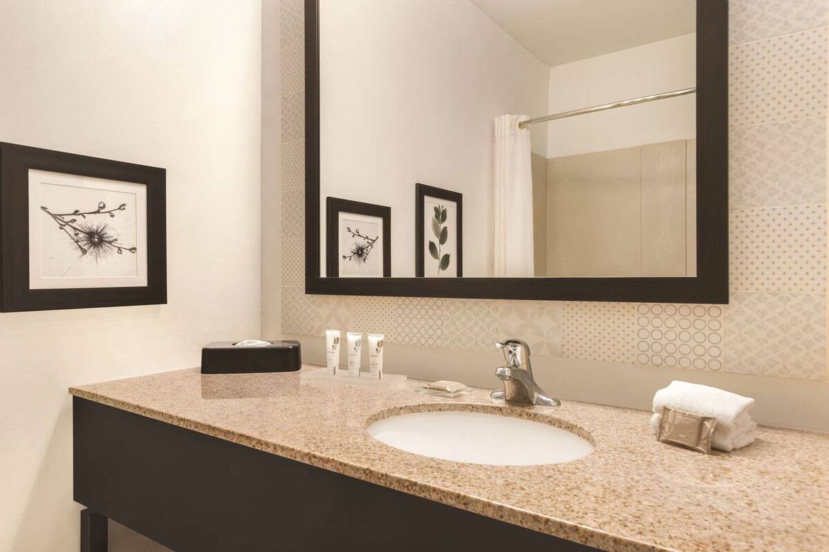 A bathroom with a granite countertop, a sink, a mirror, framed artwork, and toiletries.