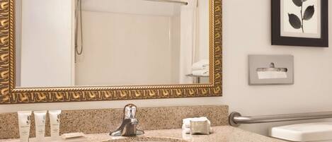 Un baño con encimera de granito, un lavamanos, un espejo con marco dorado, un perchero y una impresión botánica enmarcada en la pared.
