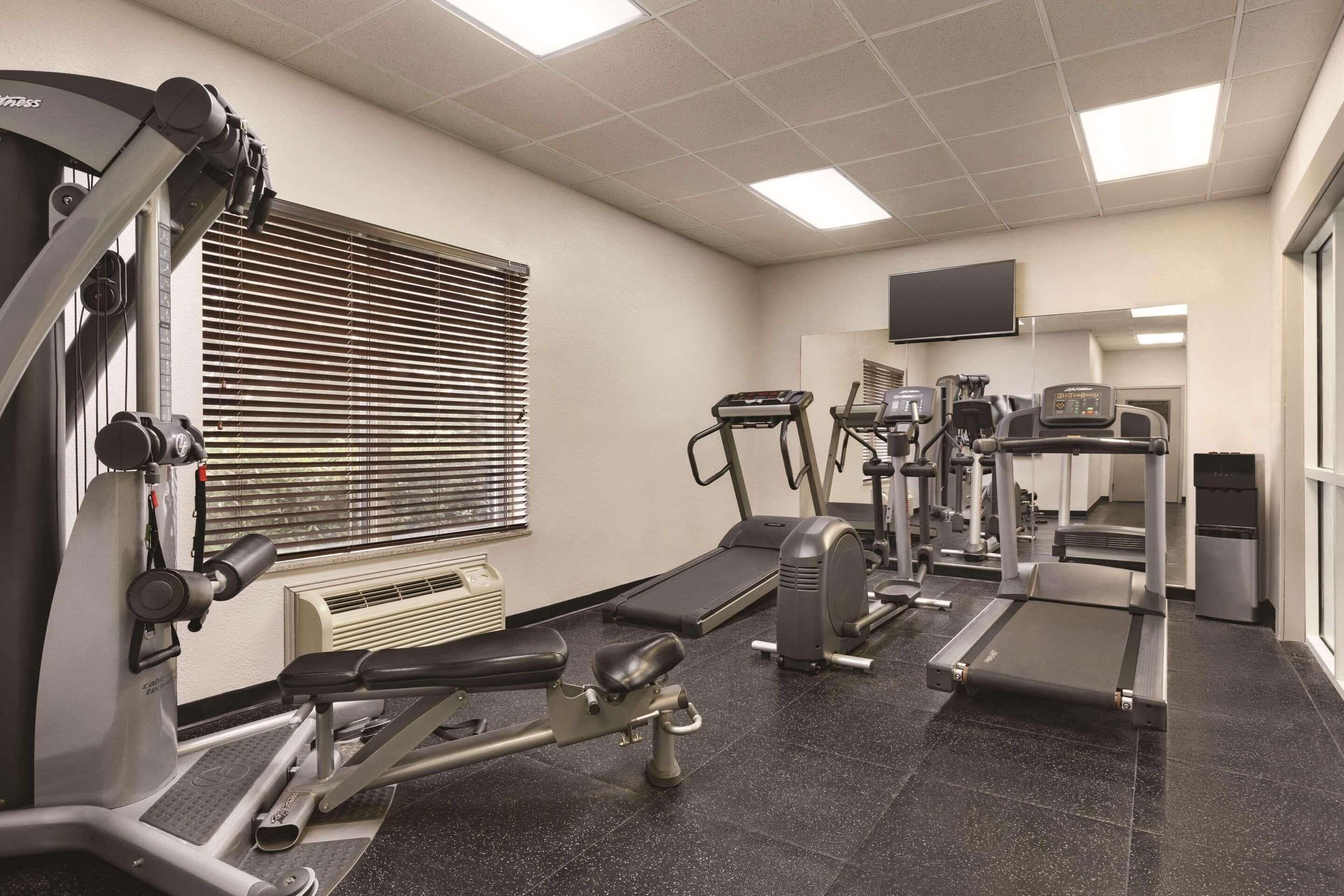 A gym with treadmills, a bench press, and a rowing machine.