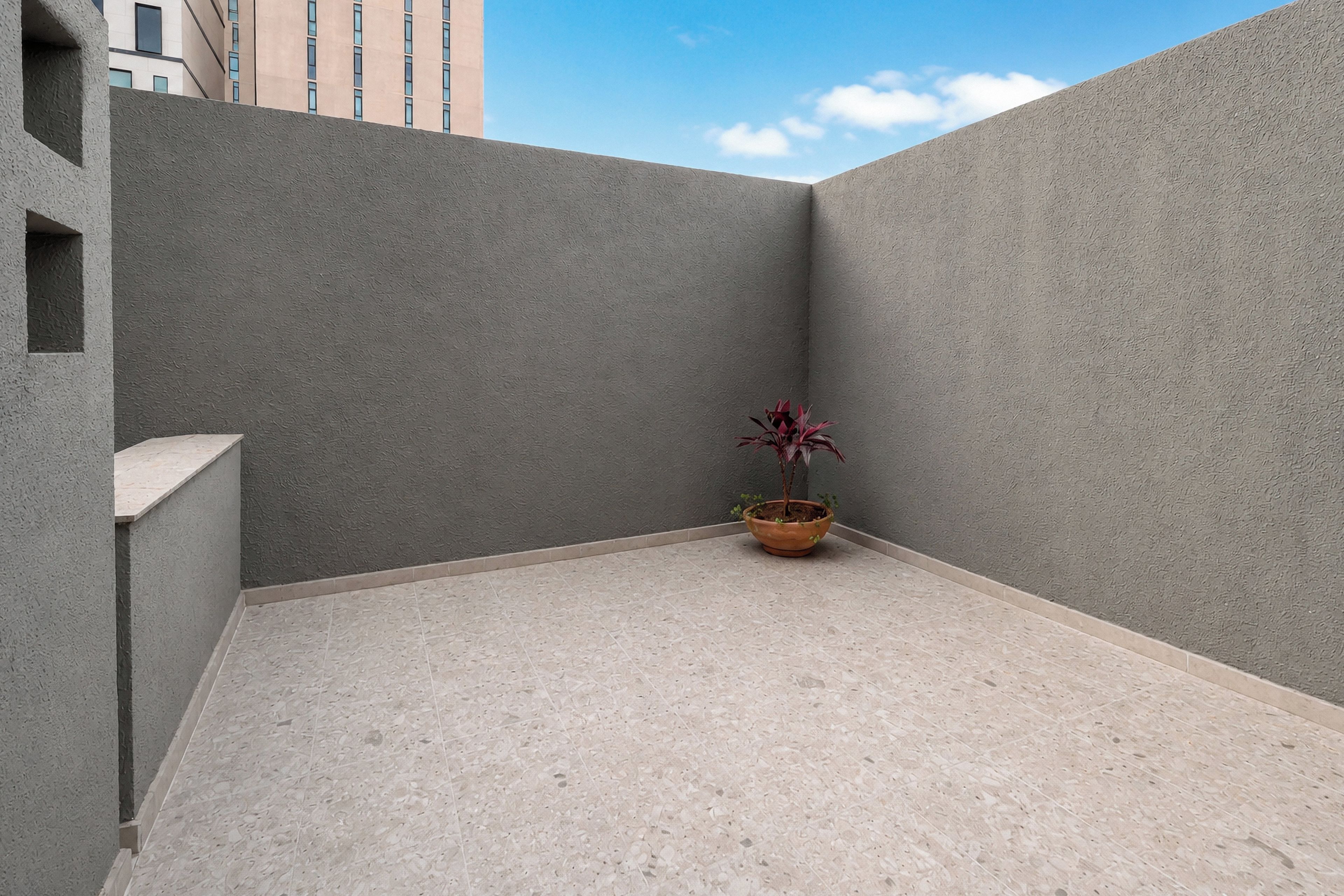 A small, enclosed outdoor space with a potted plant, a tiled floor, and a textured wall.