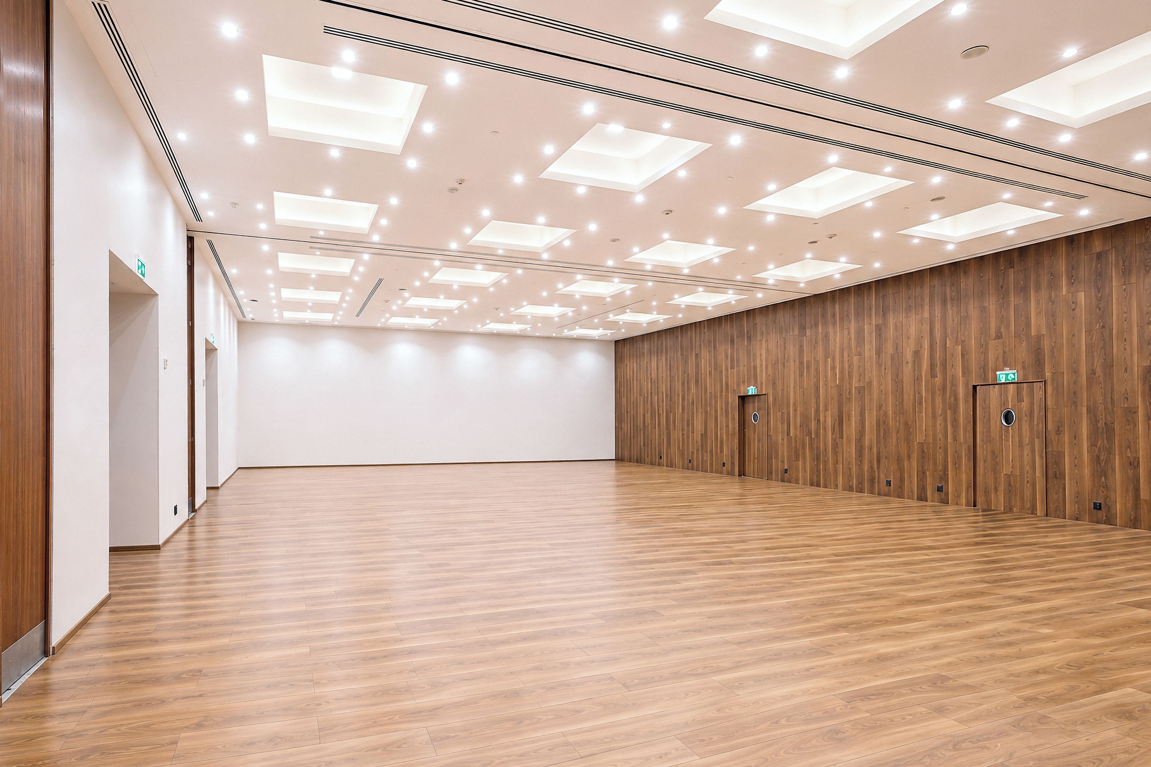 A spacious room with a wooden floor and a high ceiling with recessed lighting.