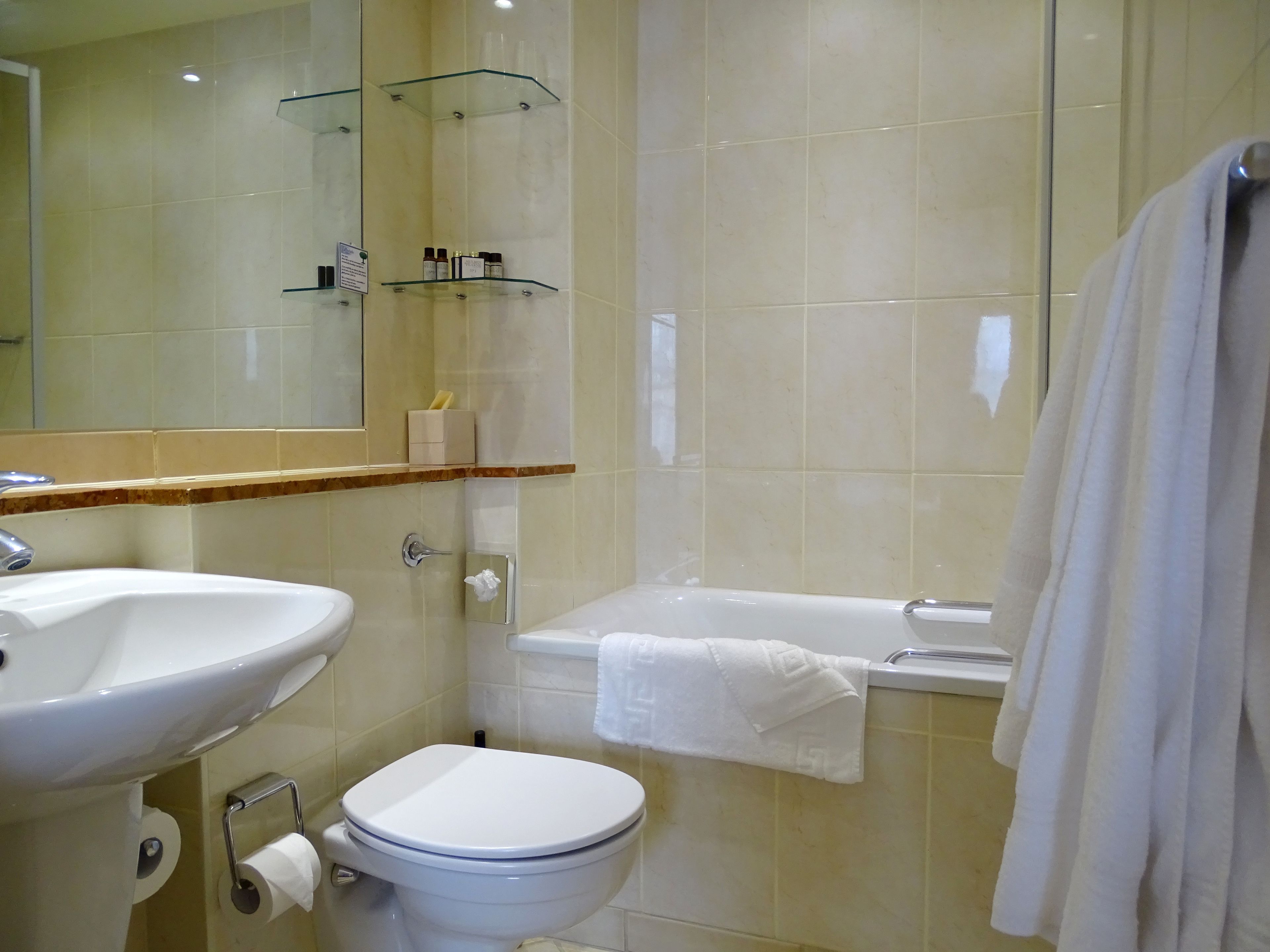 combined shower/bathtub, free toiletries, hair dryer, towels