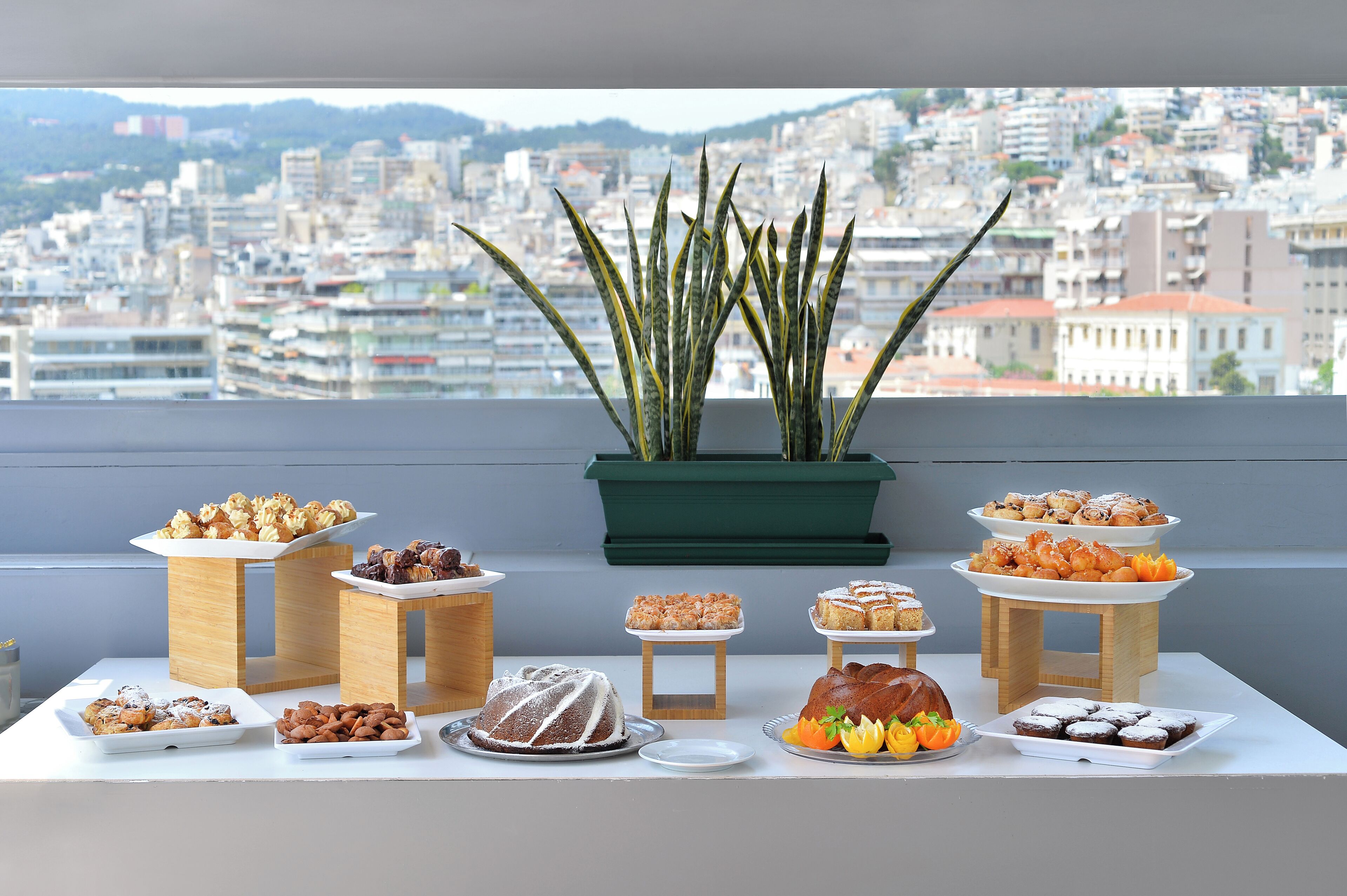 A buffet table with various desserts and a potted plant in the background.