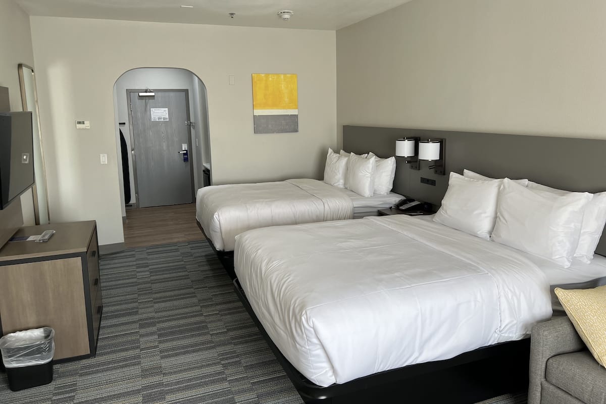 Desk, laptop workspace, blackout curtains, iron/ironing board