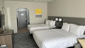 Desk, laptop workspace, blackout curtains, iron/ironing board