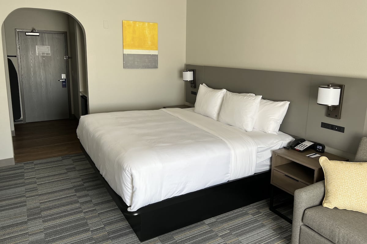 Desk, laptop workspace, blackout curtains, iron/ironing board