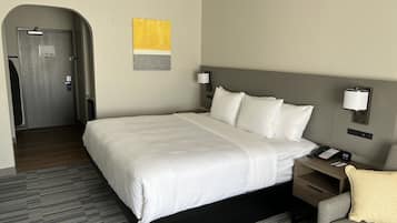 Desk, laptop workspace, blackout curtains, iron/ironing board