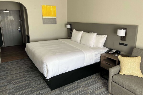 Desk, laptop workspace, blackout curtains, iron/ironing board