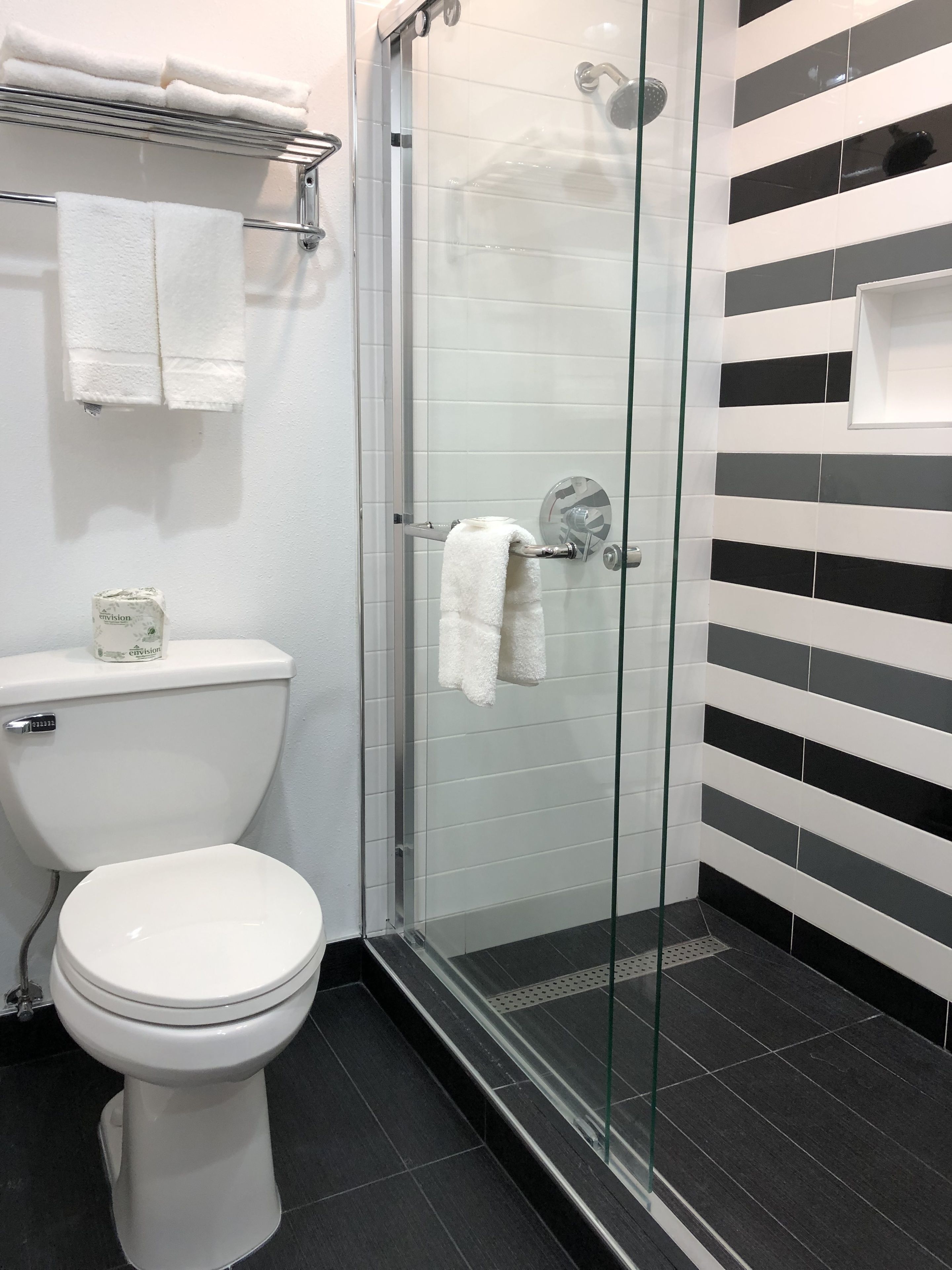 Shower, free toiletries, hair dryer, towels