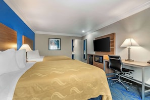 Premium bedding, pillowtop beds, desk, laptop workspace
