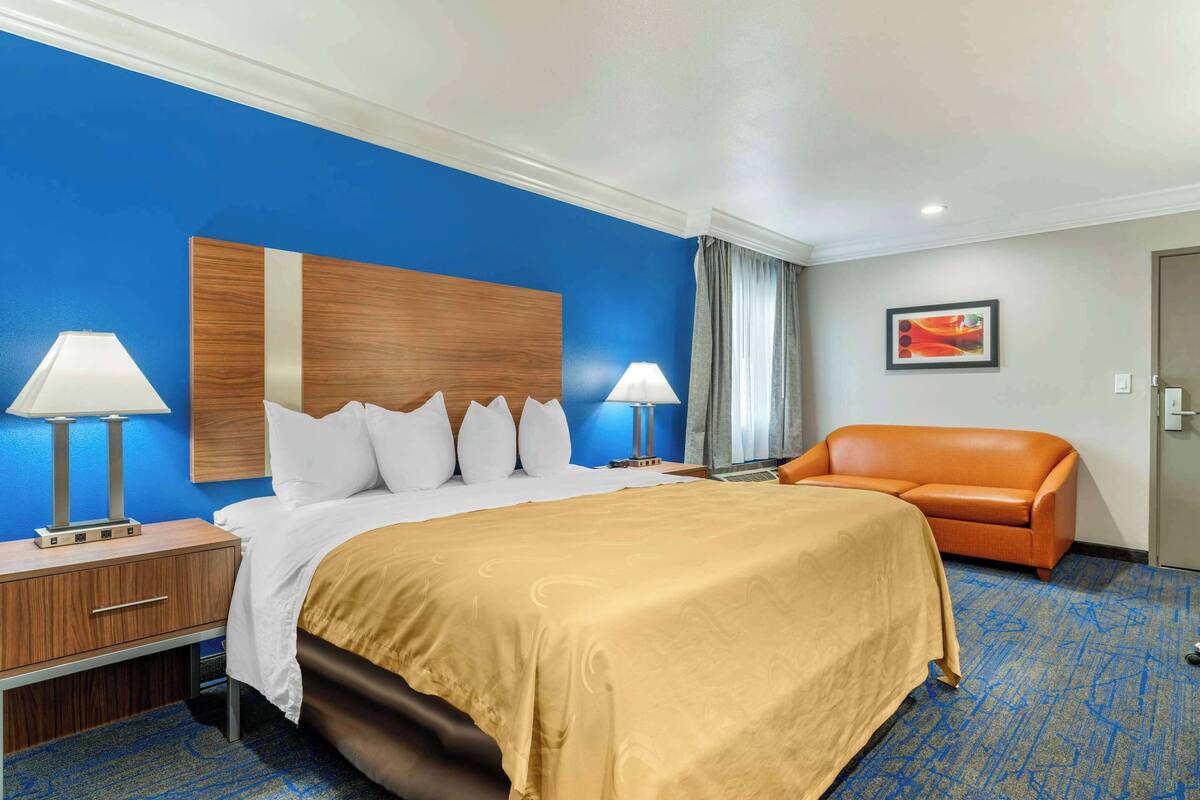 A hotel room with a large bed, two bedside tables with lamps, an orange sofa, and a blue carpet.