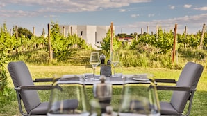 Une table dressée à l’extérieur, avec deux chaises, entourée de vignes et avec un bâtiment visible au loin.