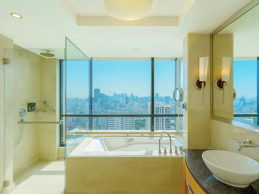 Combined shower/tub, deep soaking tub, free toiletries, hair dryer