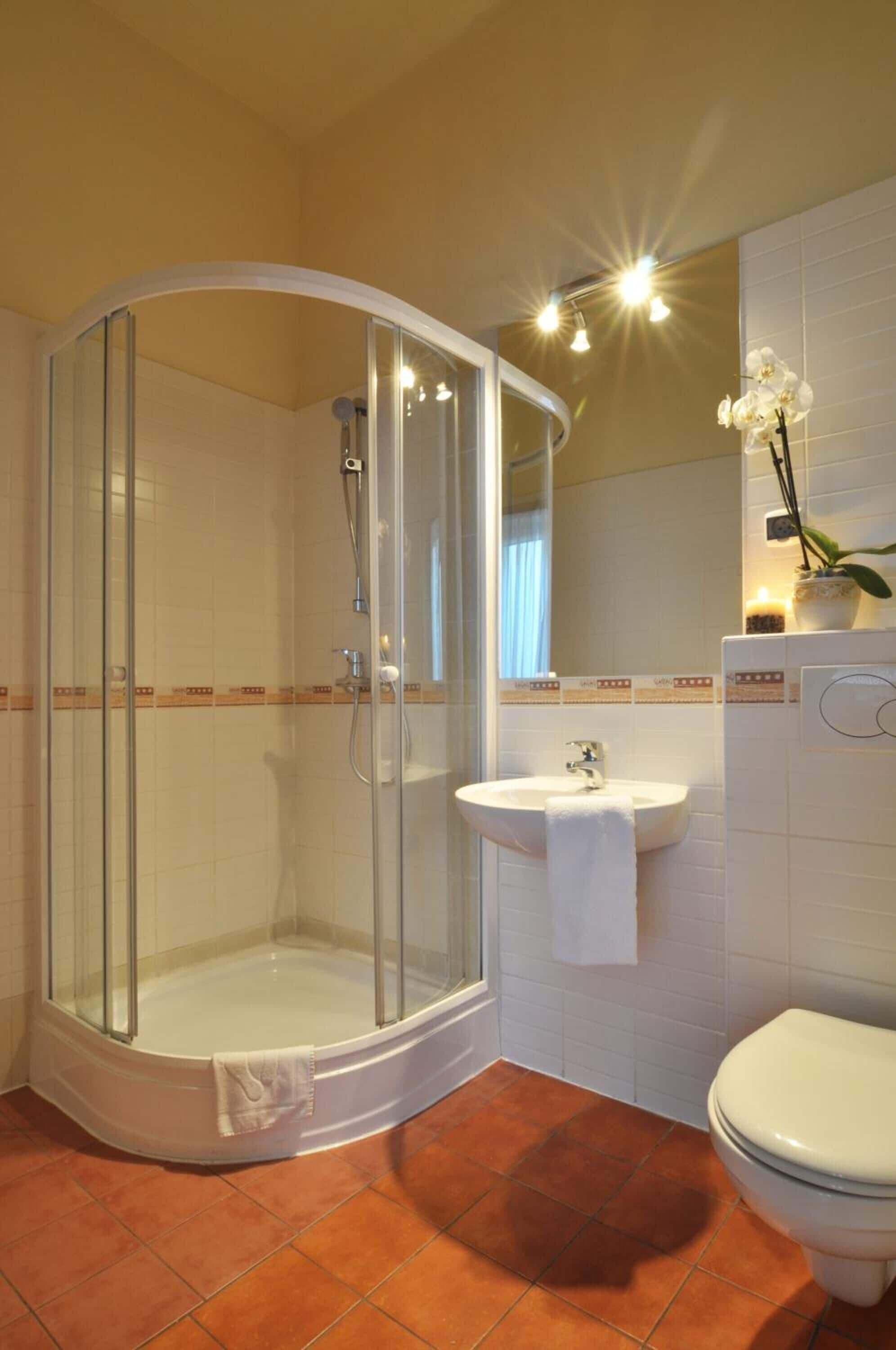 shower, hair dryer, towels, toilet paper