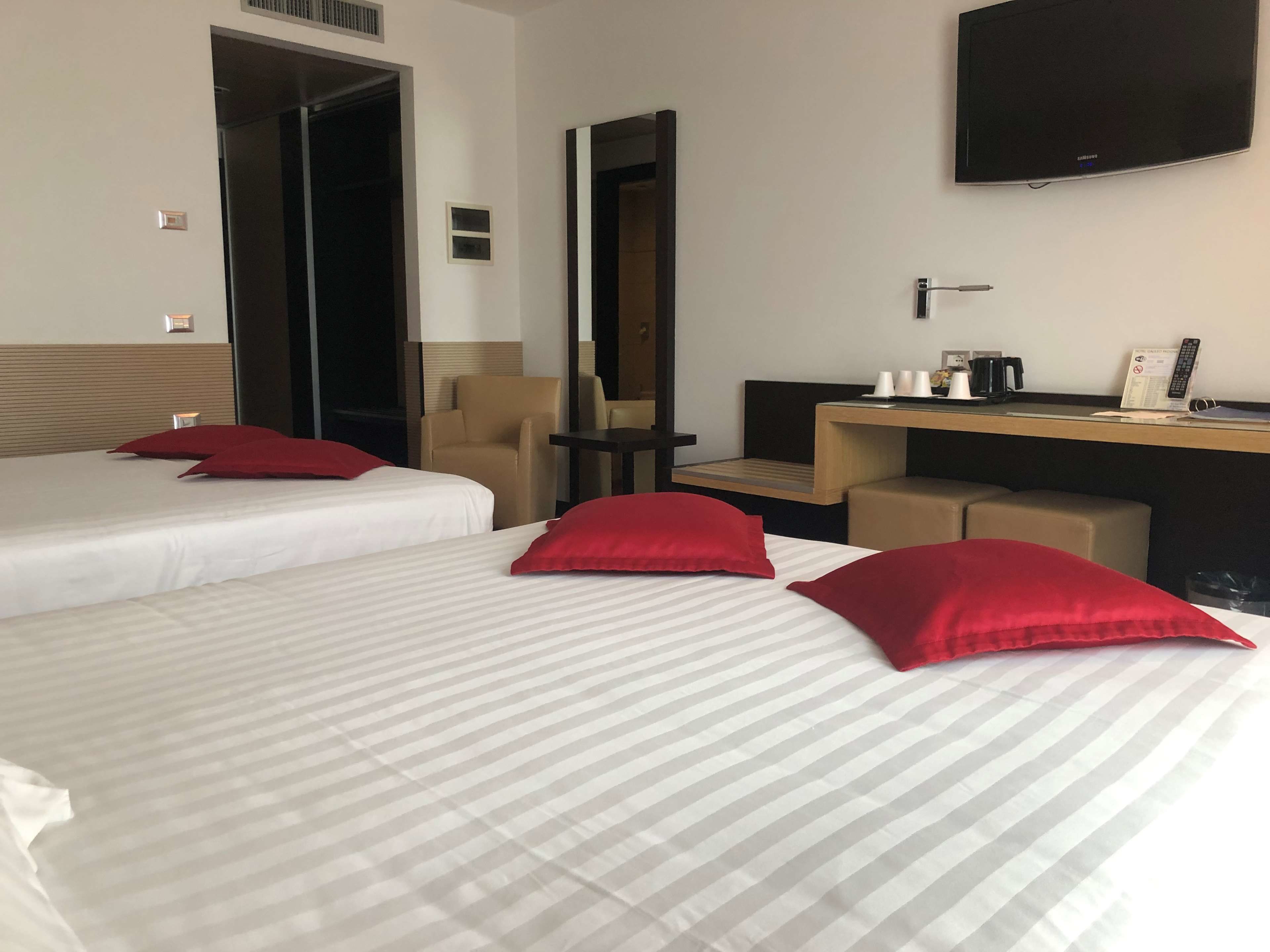 Habitación de hotel con dos camas, un escritorio, una silla, un televisor y un espejo.
