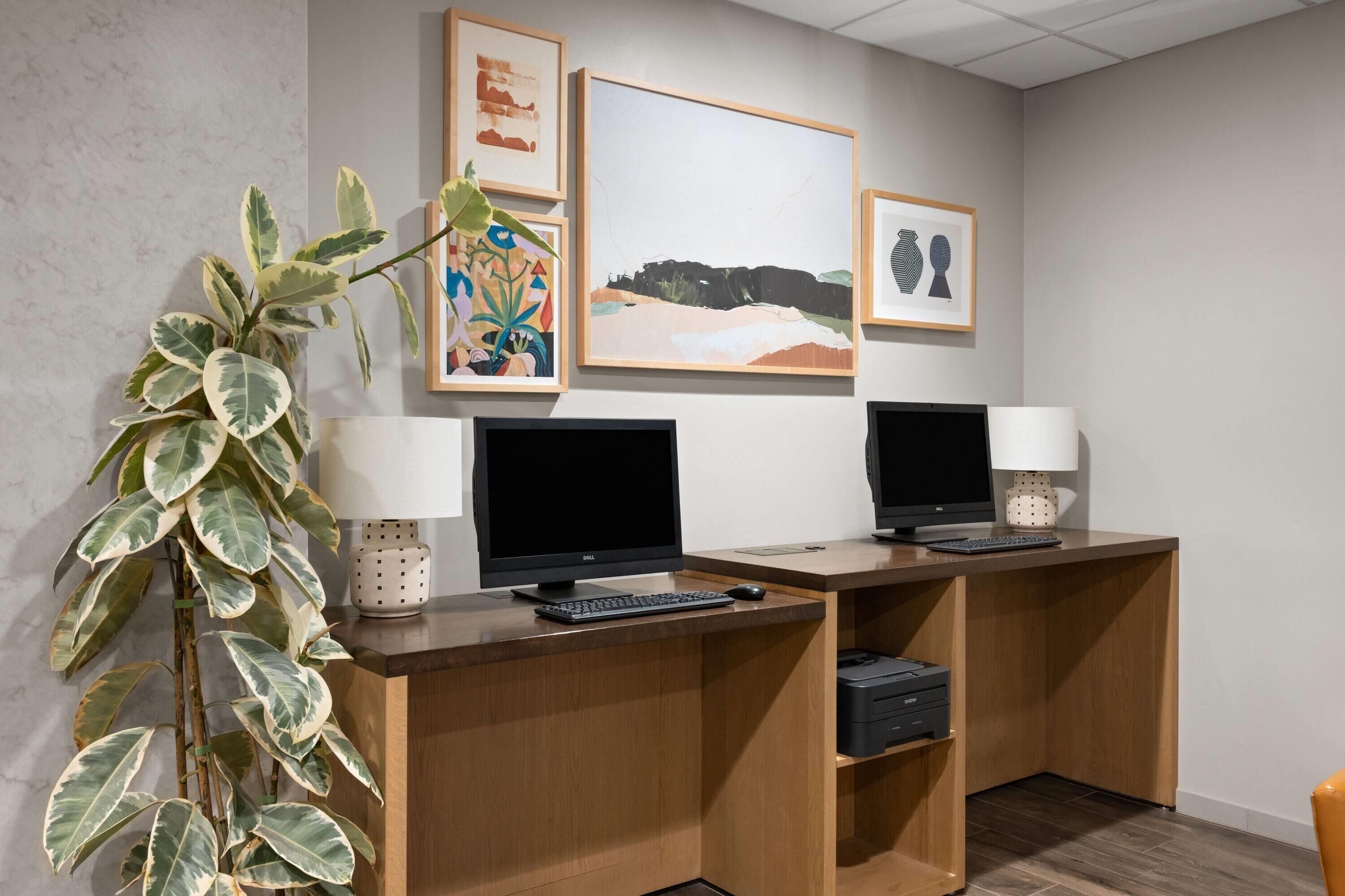 A workspace with two desks, each with a computer monitor, keyboard, and mouse. There are framed artworks on the wall, a potted plant, and a printer on the desks.