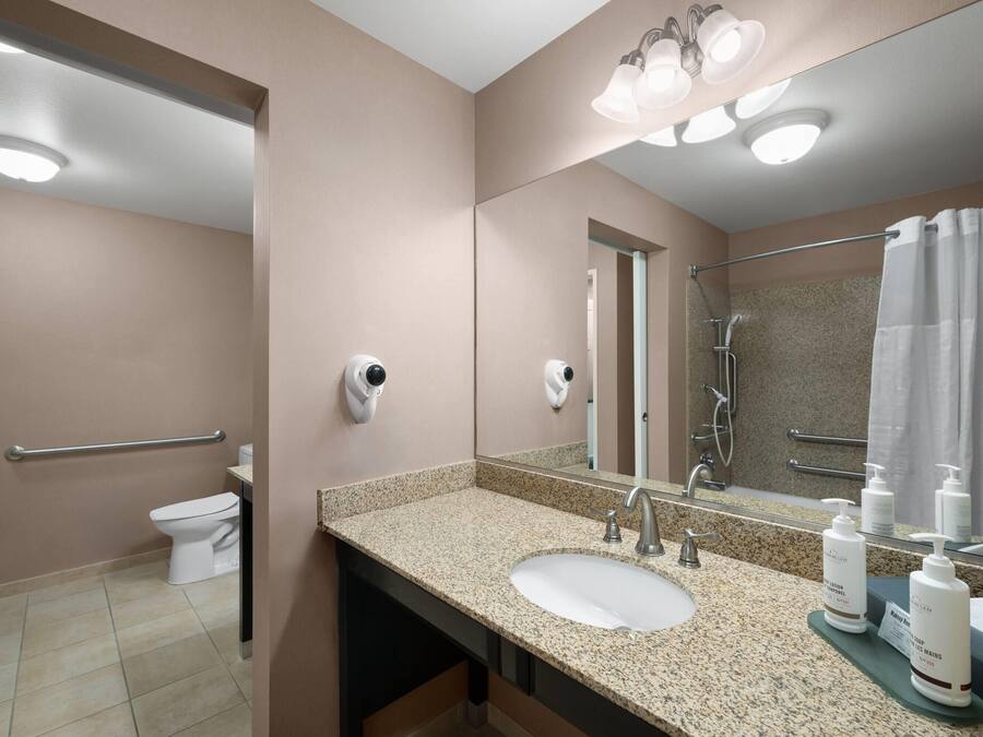 A modern bathroom with a granite countertop sink, a handheld showerhead, and a toilet.