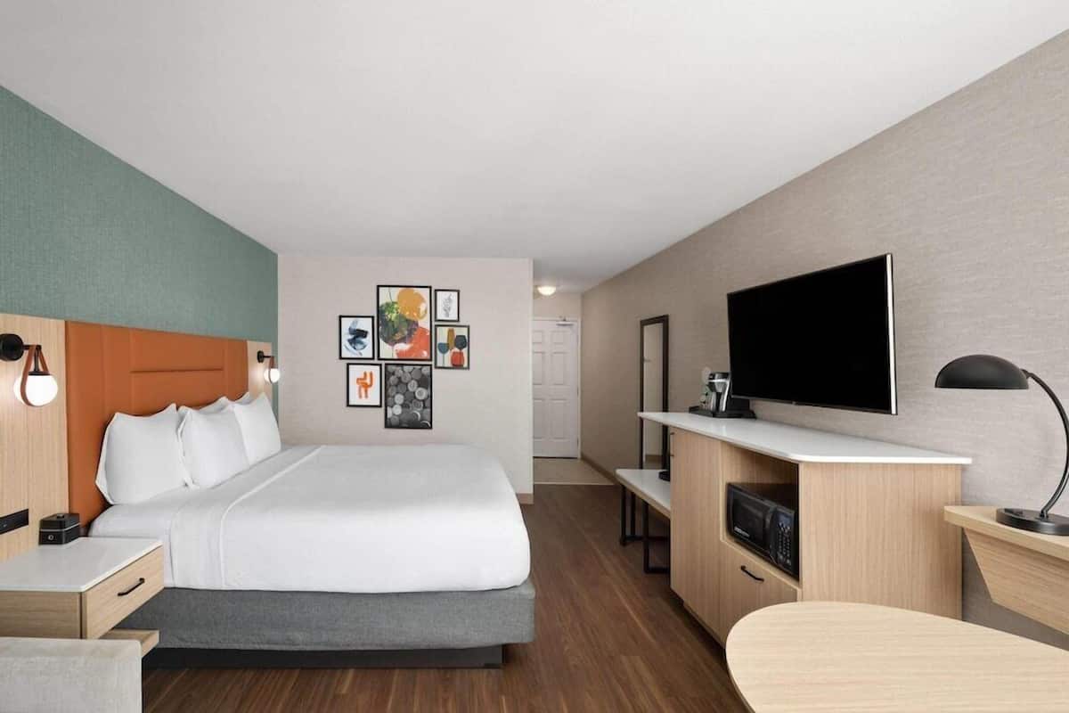 A hotel room with a bed, a TV, a desk, a microwave, and a wall with artwork.