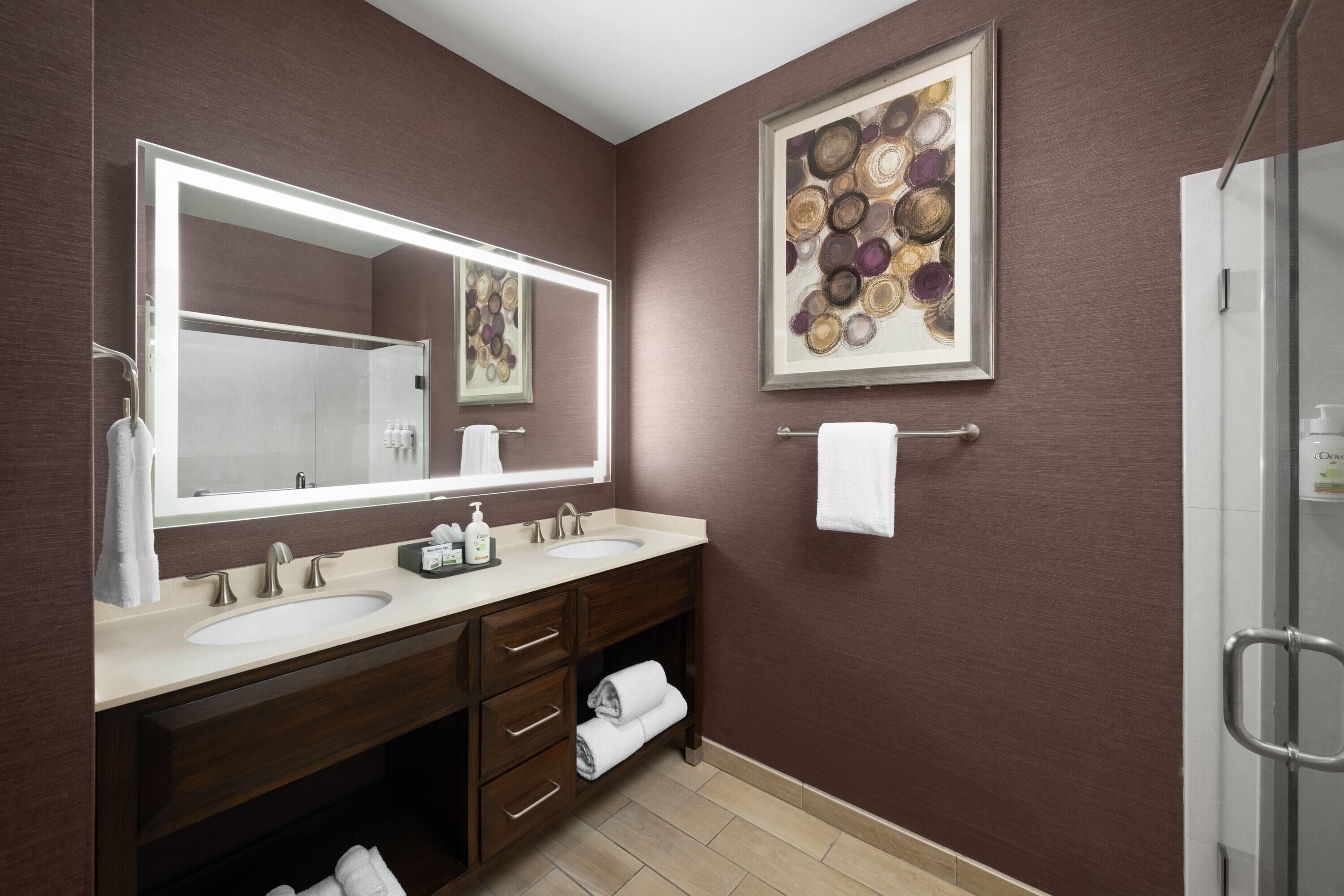 Une salle de bain moderne avec un meuble-lavabo à deux vasques, un grand miroir et un espace douche.