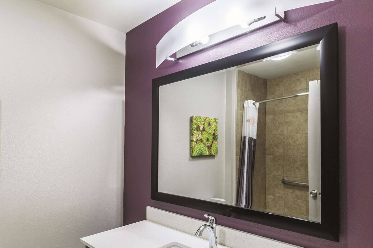 A bathroom with a white sink, a mirror, and a shower.