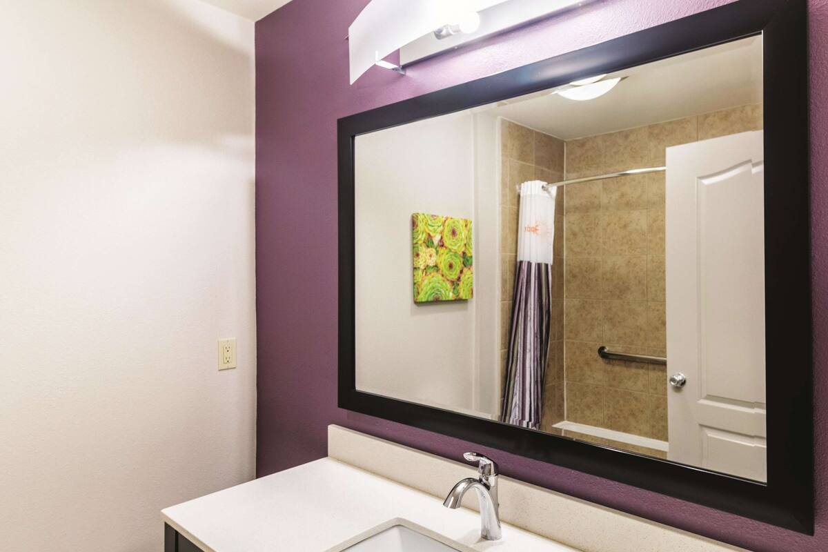 A bathroom with a large mirror, a white sink, and a shower area.