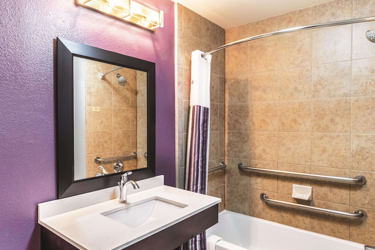 A bathroom with a white sink, a mirror, a shower with a grab bar, and a bathtub.