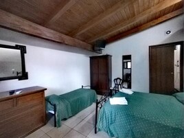 Una habitación con dos camas individuales, un aparador de madera, un espejo y un armario.
