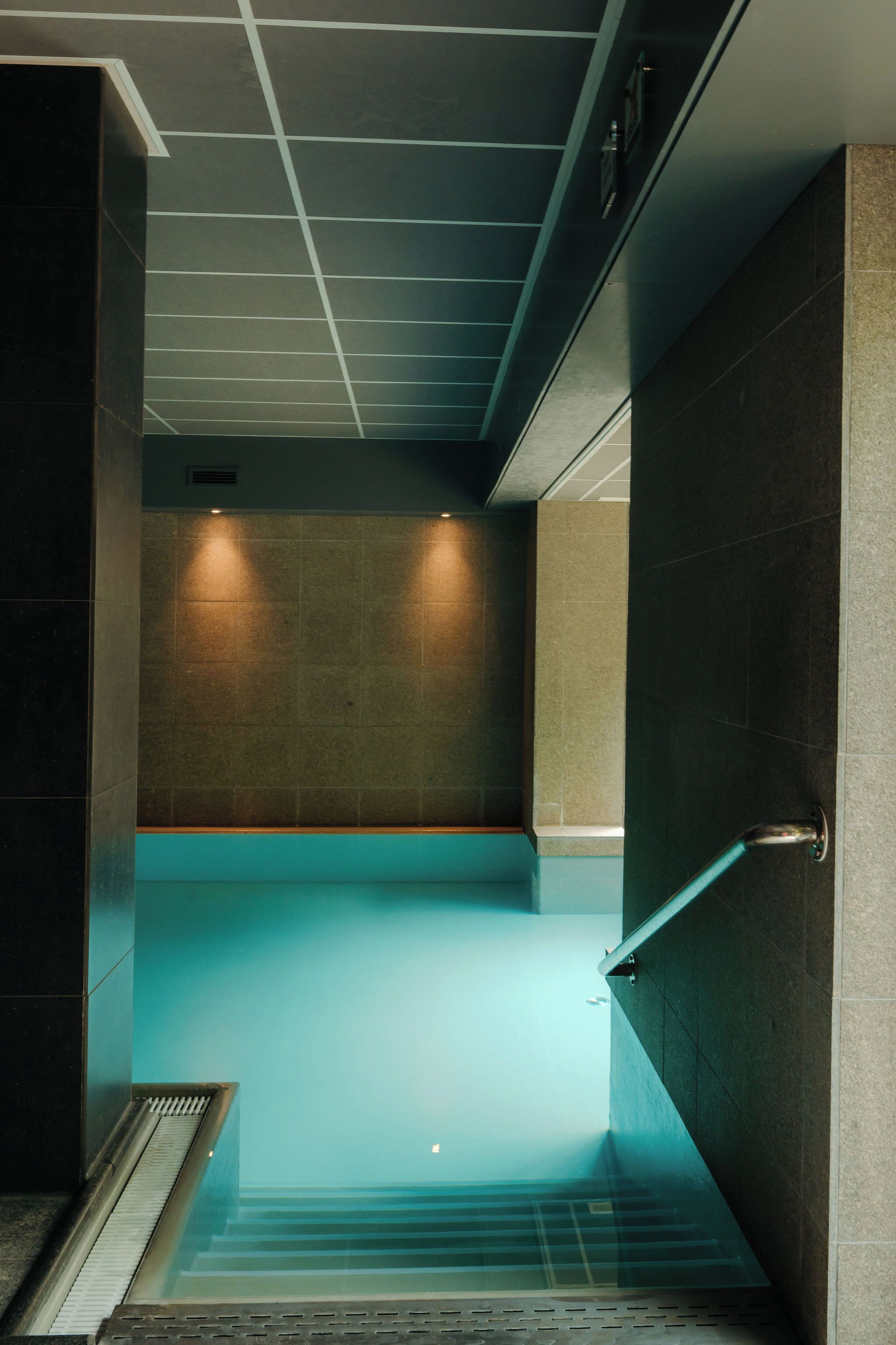 A modern indoor pool with a clear view of the steps leading down to the water, a metal handrail on the right, and a ceiling with a grid pattern.