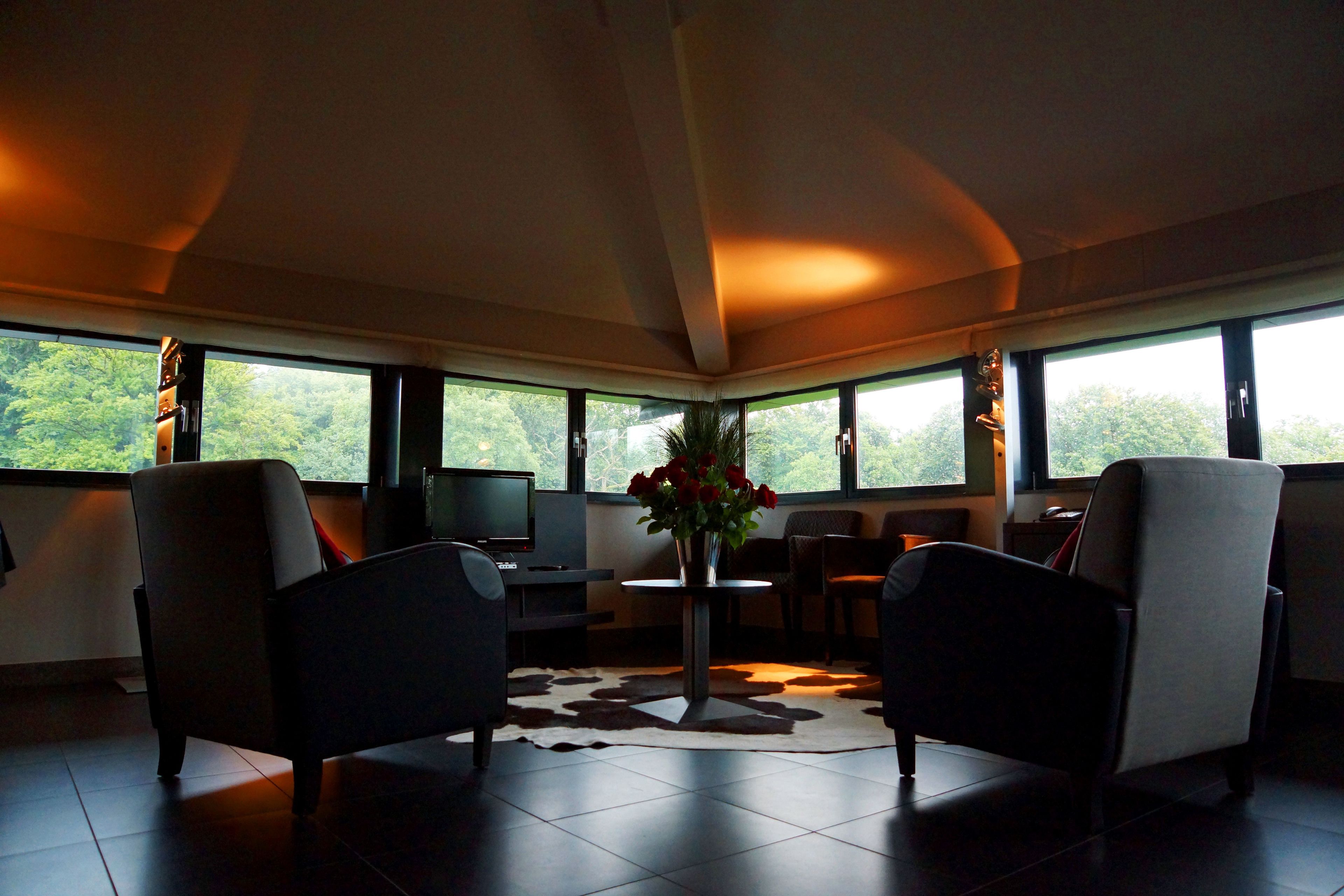 panoramic suite, 1 king bed, garden view, tower | living area | lcd tv, books, heated floors