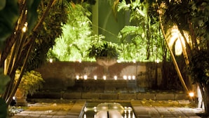 Une vue nocturne d’un élément aquatique dont la surface réfléchit la lumière, entouré d’une végétation luxuriante et éclairé par un éclairage doux.