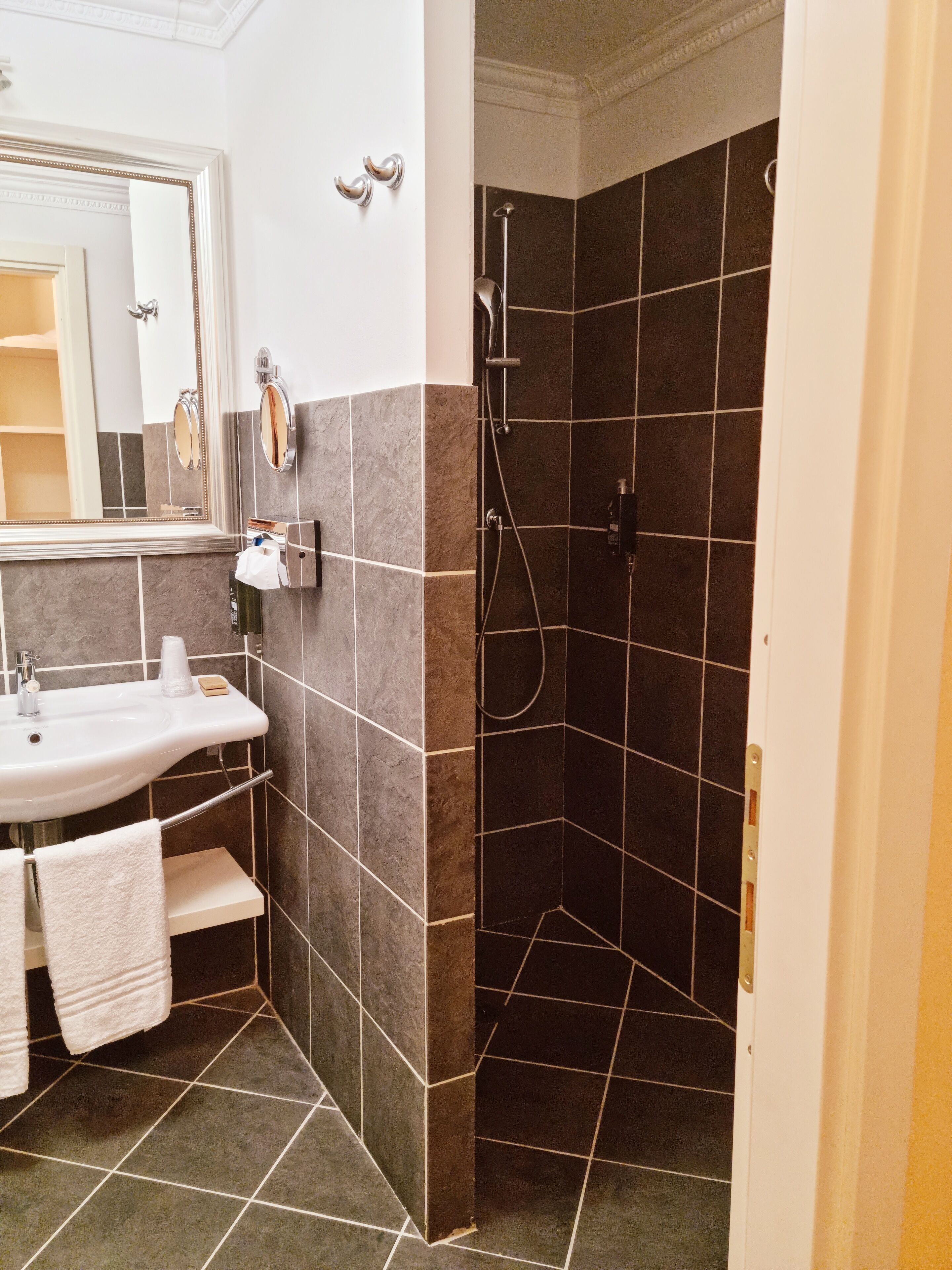 Une salle de bain équipée d’un lavabo, d’un miroir, d’un porte-serviettes et d’une zone de douche avec des carreaux de couleur foncée.
