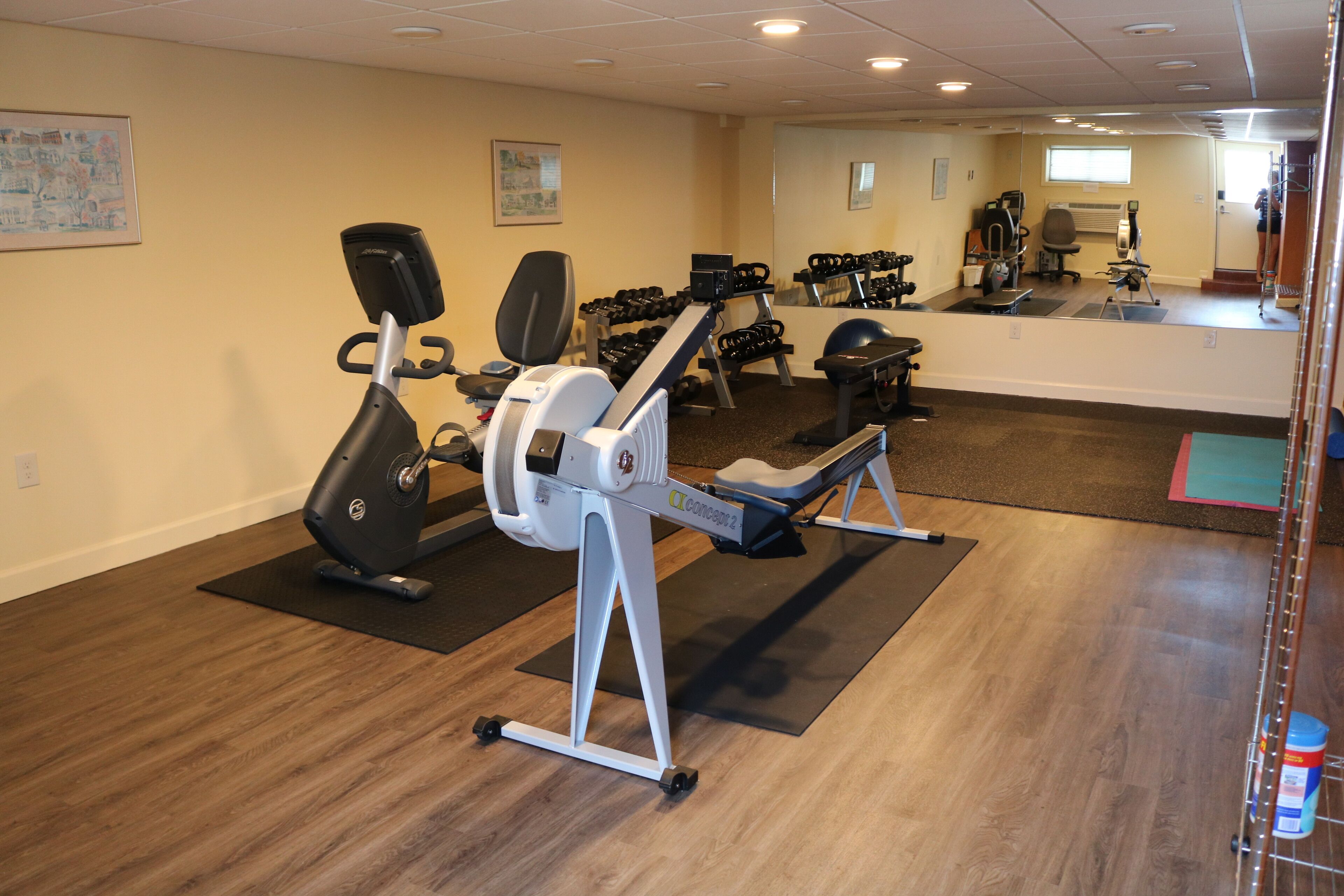 A gym with cardio machines, free weights, and a mirror wall.